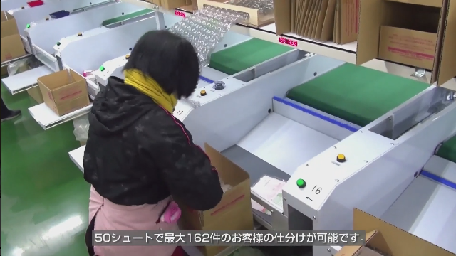 仕分け後の状態または箱入れ搬送の様子