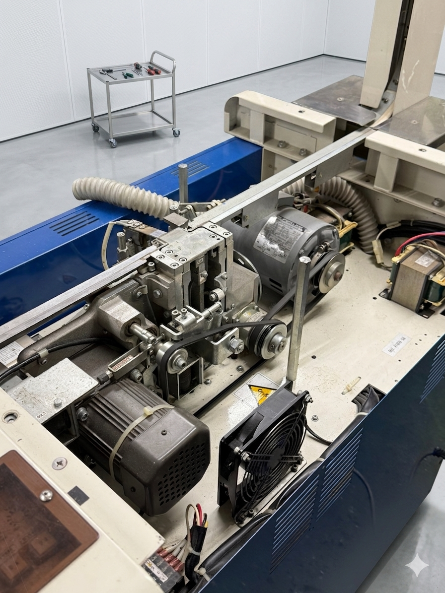 バンド掛け機の内部機構を点検している写真