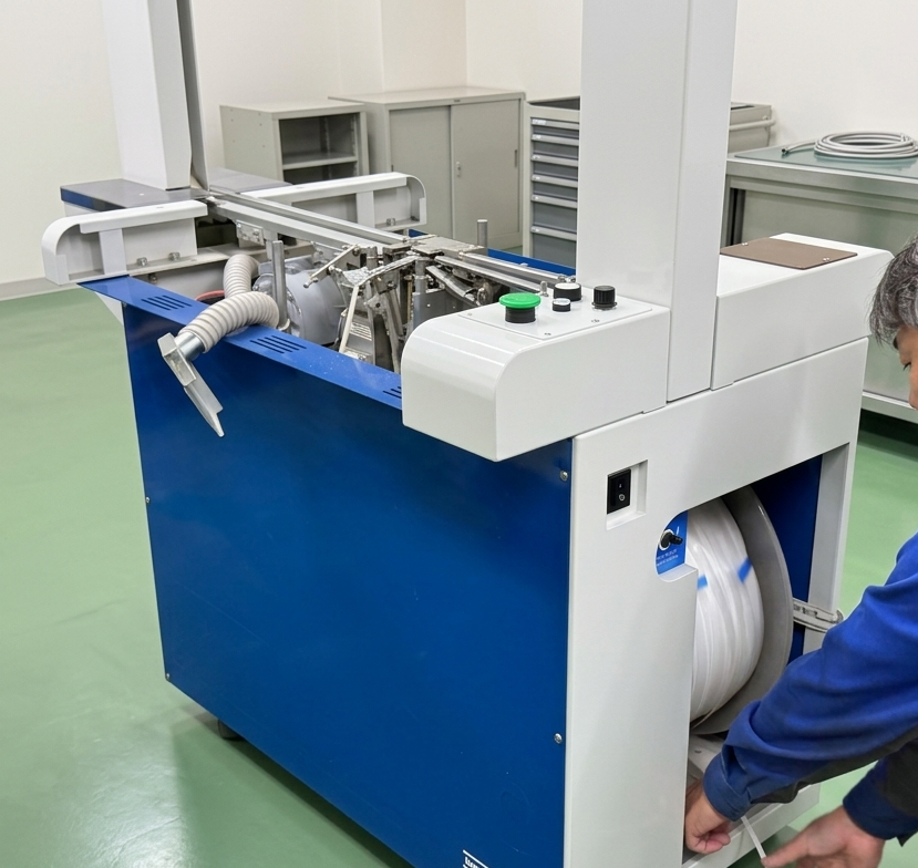 レンタル貸出前のバンド掛け機を点検整備している様子