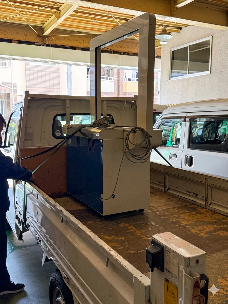 レンタル用梱包機械をトラックへ積み込み搬出準備している様子