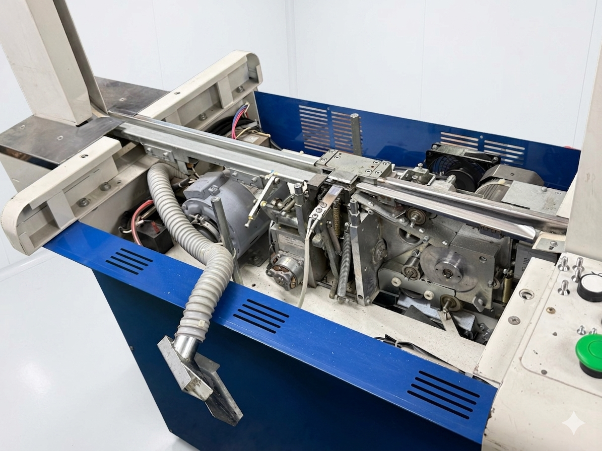 梱包機械の内部駆動部を点検している写真